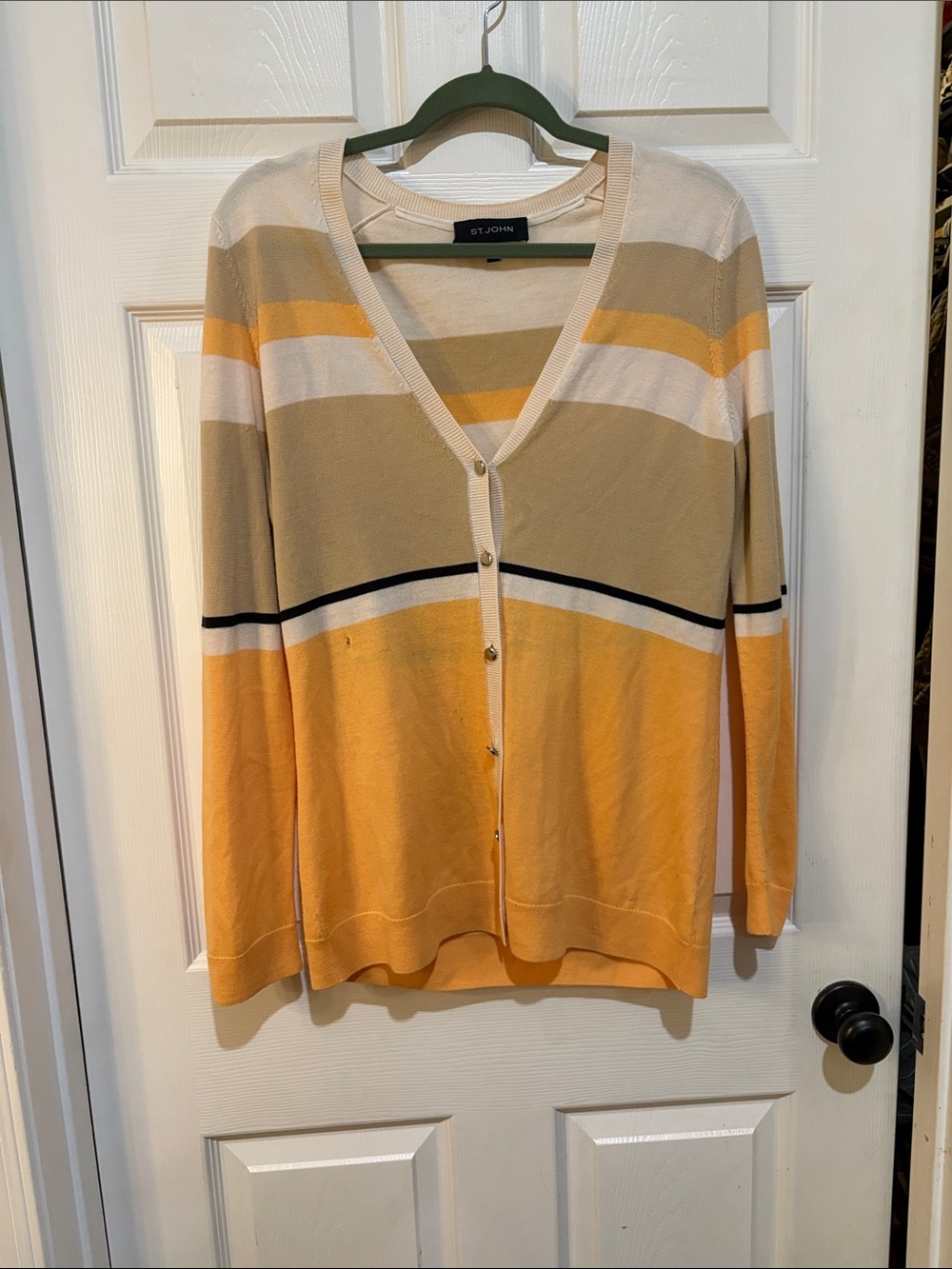 St. John Striped V-Neck Cardigan in Yellow, Cream & Black